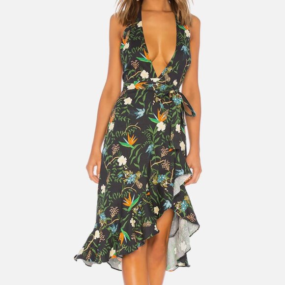 LPA Dresses & Skirts - LPA Revolve Tropical Paradise Printed Linen Halter High Low Ruffle Dress Size S